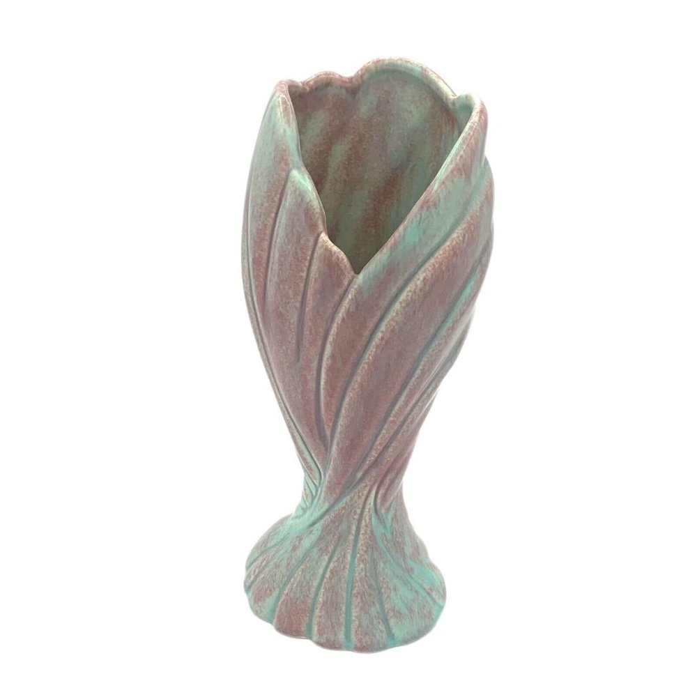 Vintage West Coast Pottery Draped Vase Mauve & Aqua Teal Tulip Flower Petals